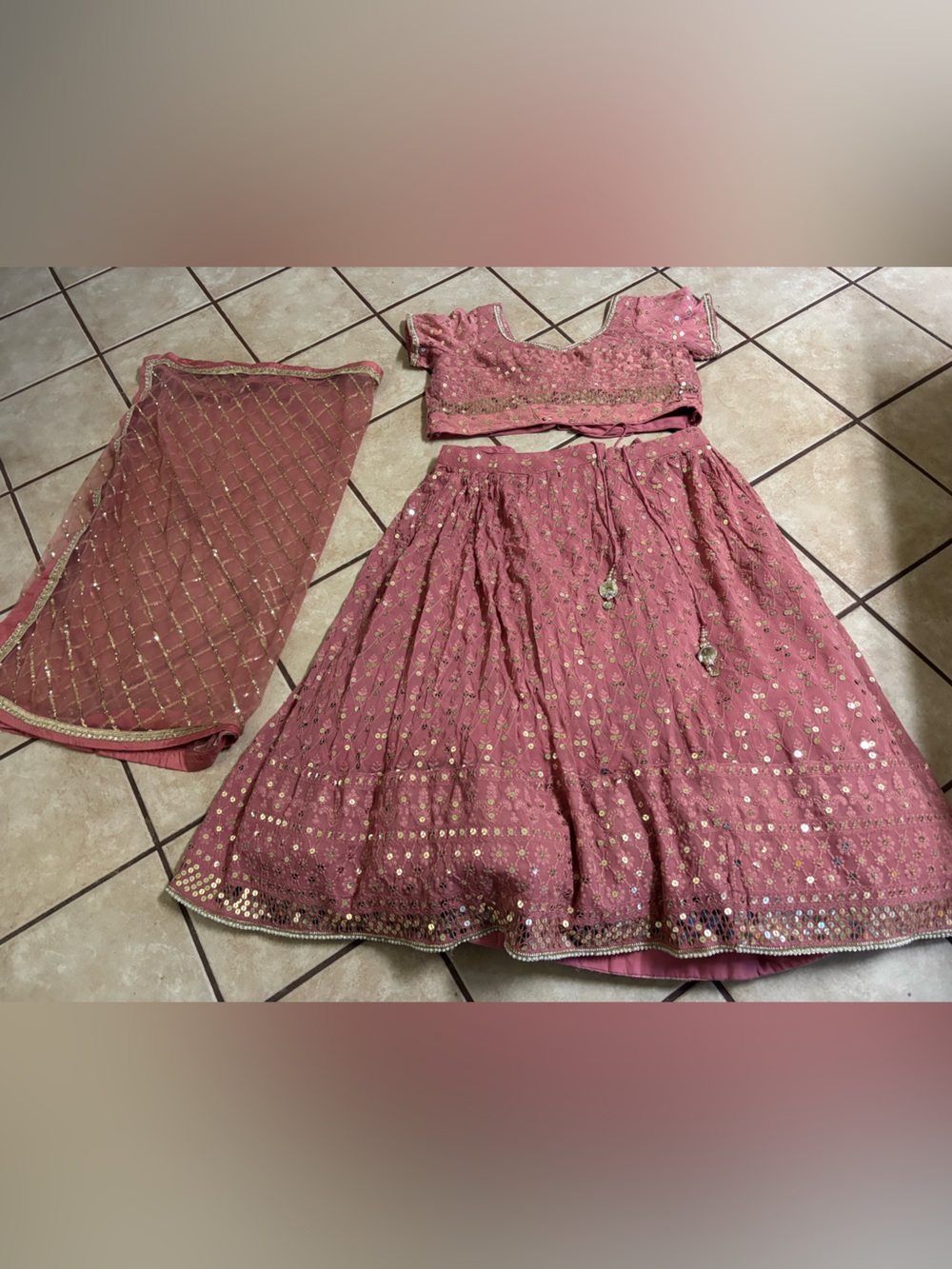 Womanโs Pink Gold-Sequin Lehenga Choli Set - Ethnic Wedding Outfit 44โ Waist
